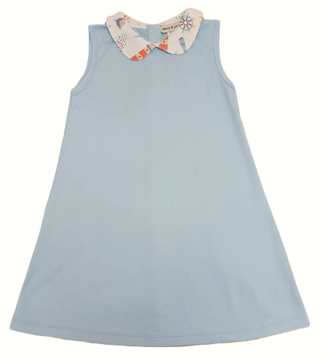 Blue girls A line dress with Nautical print collar