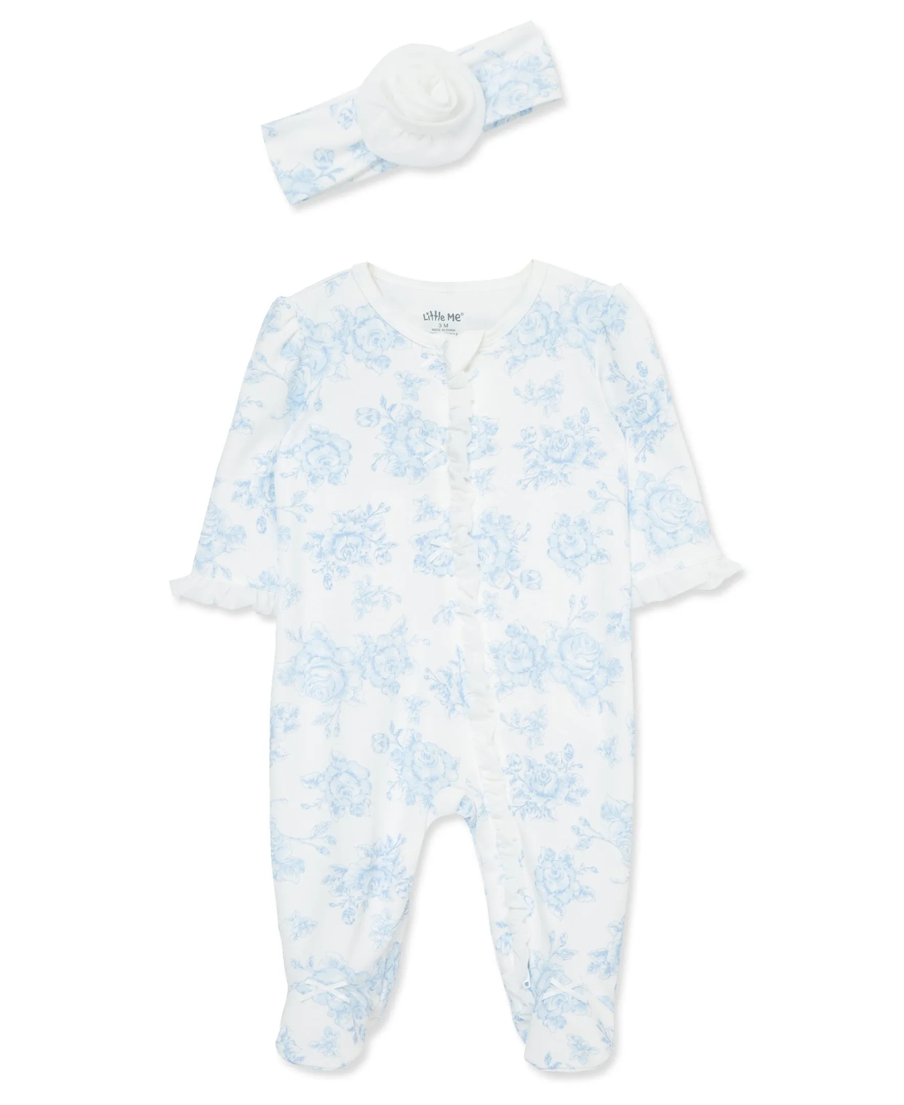 Blue Roses 2-Way-Zip Footed One-Piece And Hat