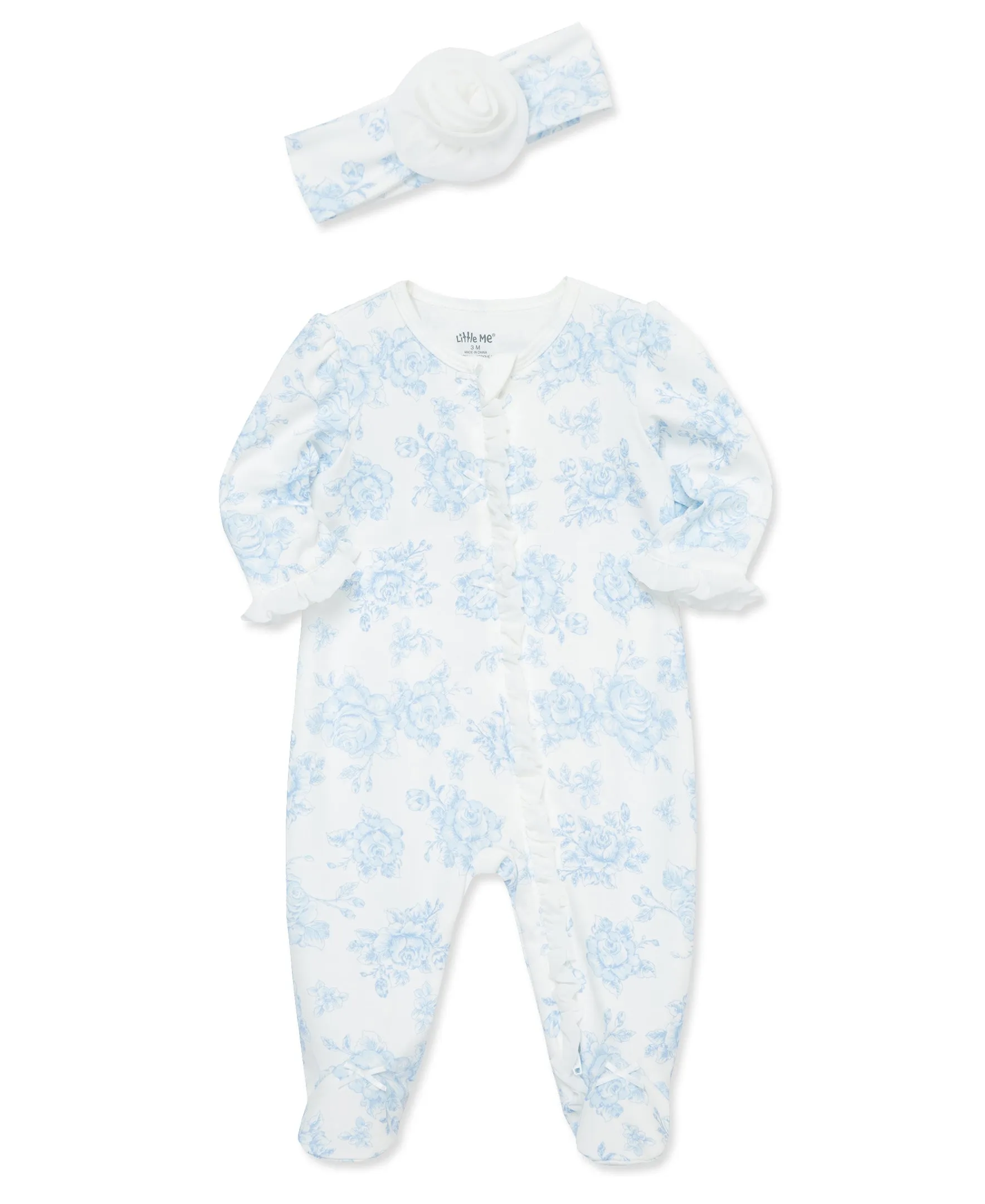 Blue Roses 2-Way-Zip Footed One-Piece And Hat