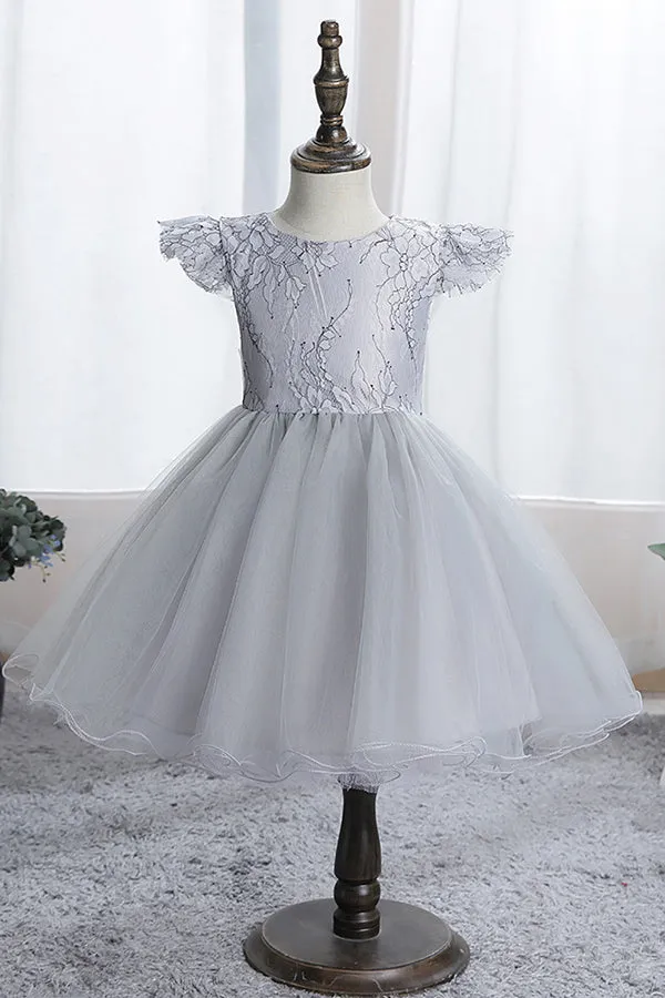 Blue Short Ball Gown Scoop Tulle Lace Flower Girl Dresses with Cap Sleeve