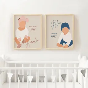 Boho Baby Twins Wall Print with Name and Birth Stats