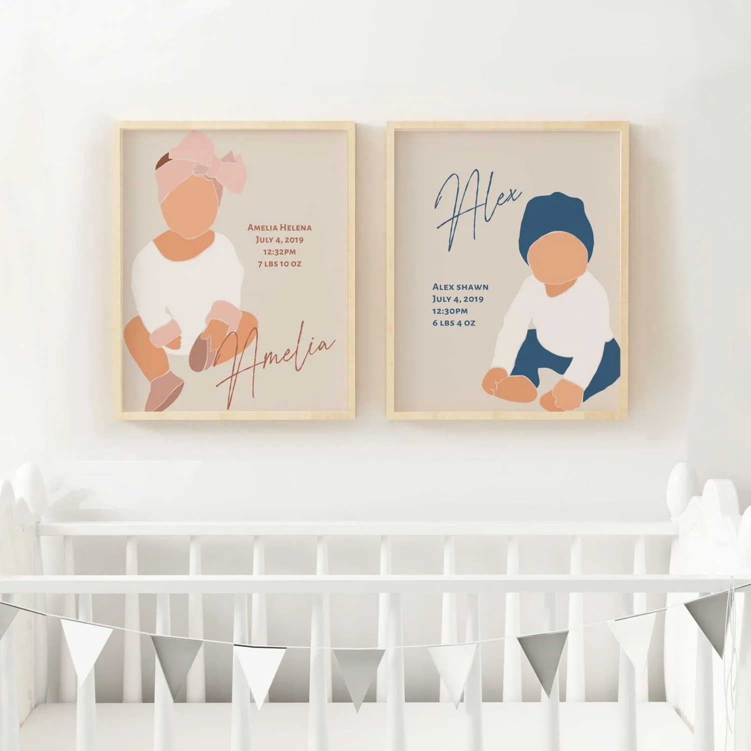 Boho Baby Twins Wall Print with Name and Birth Stats