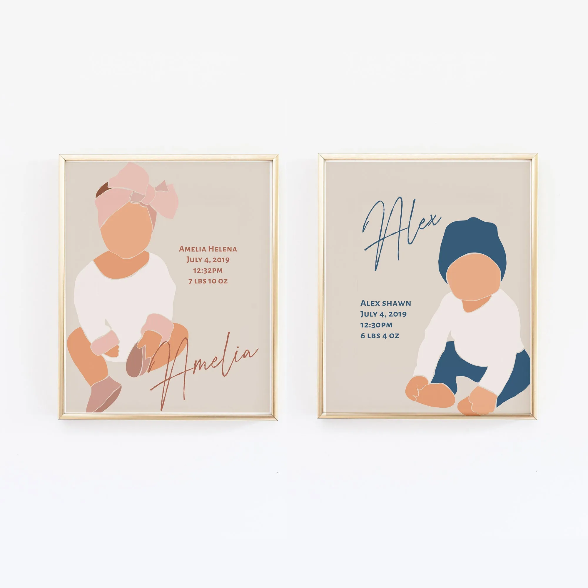 Boho Baby Twins Wall Print with Name and Birth Stats