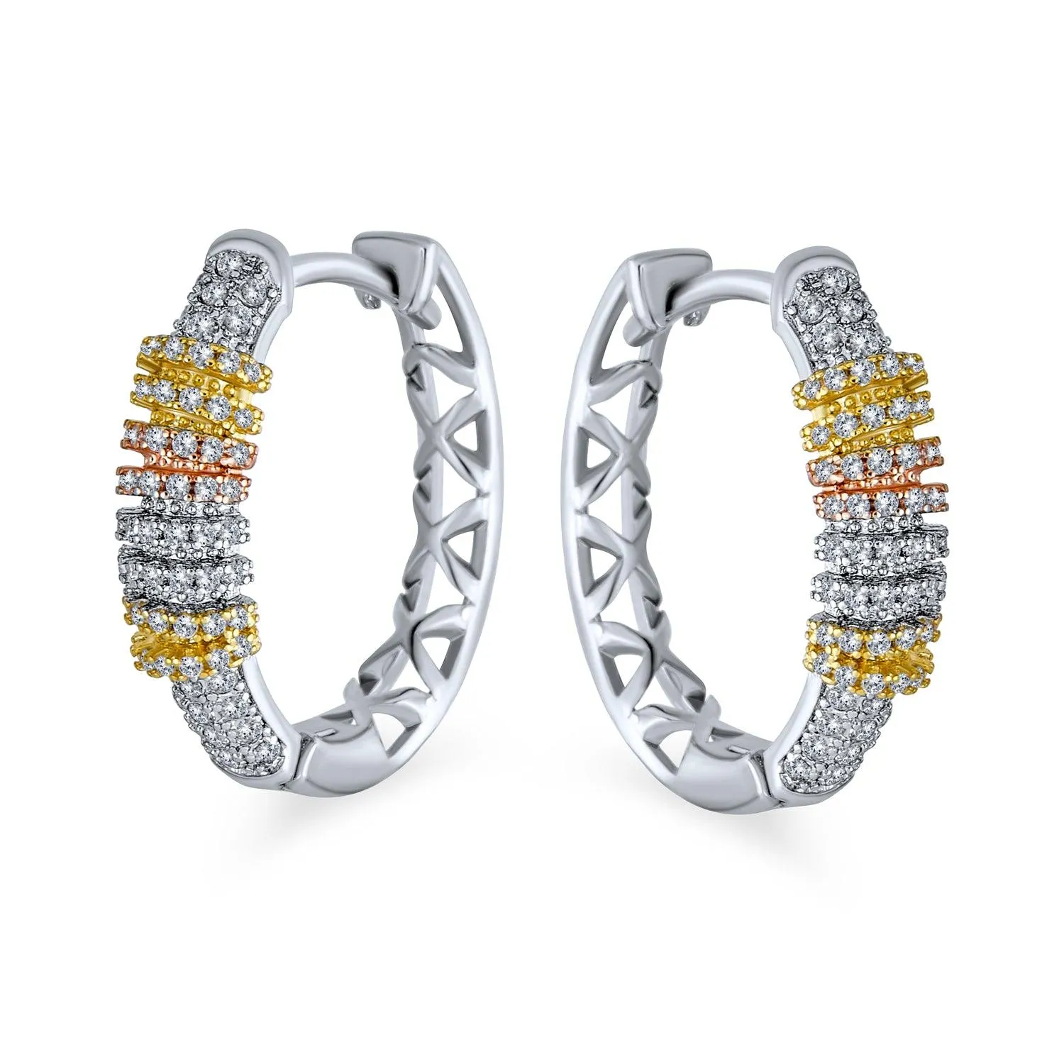 Bridal Pave CZ Rectangle Criss Cross Huggie Hoop Earrings Gold Silver Plated