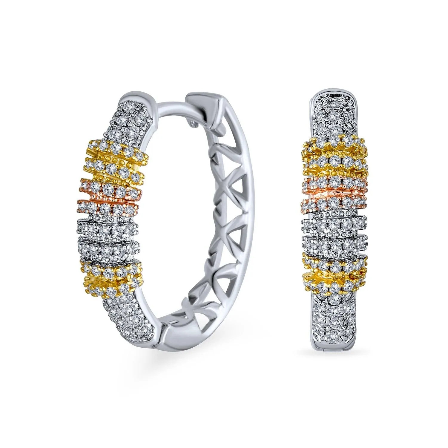 Bridal Pave CZ Rectangle Criss Cross Huggie Hoop Earrings Gold Silver Plated