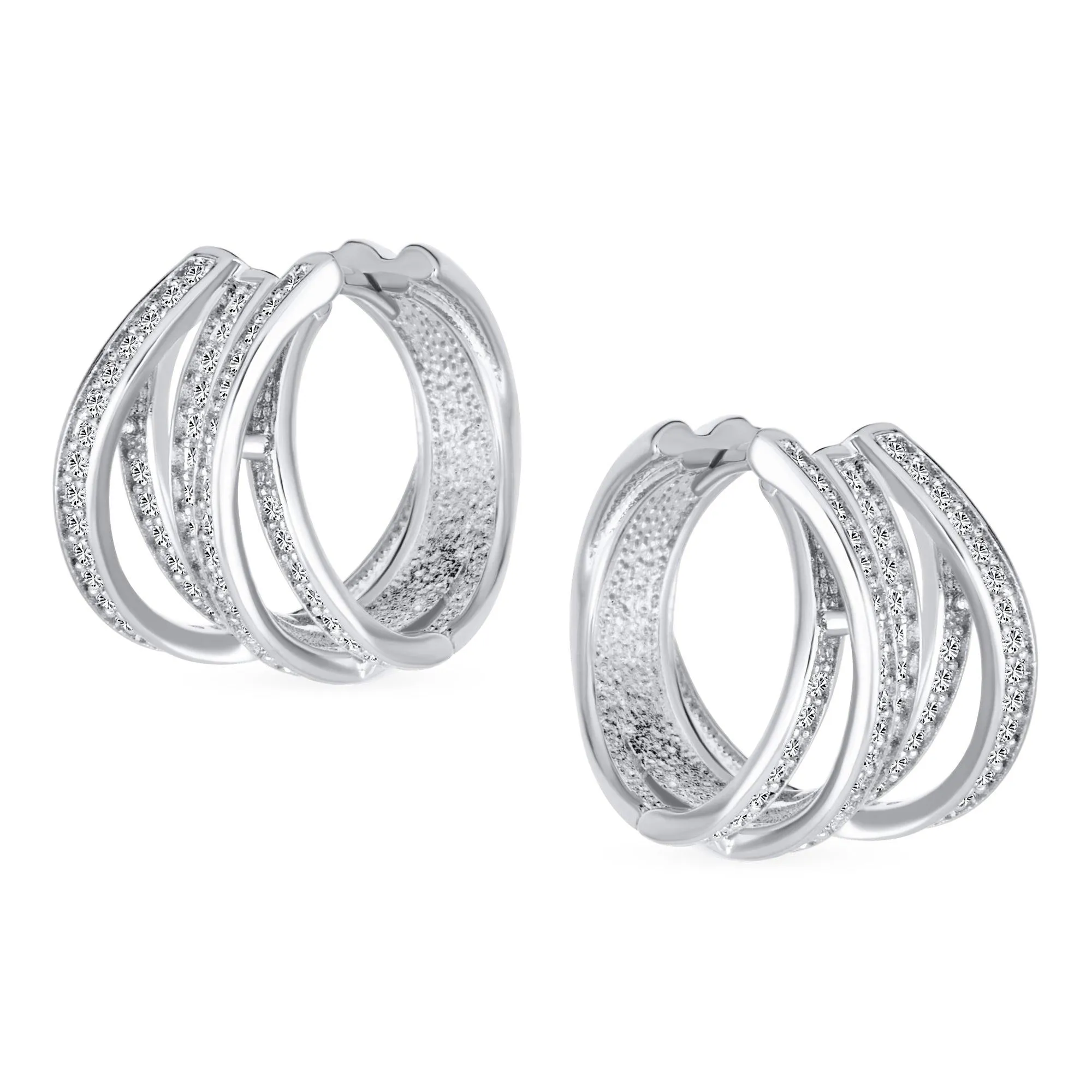 Bridal Pave CZ Rectangle Criss Cross Huggie Hoop Earrings Gold Silver Plated