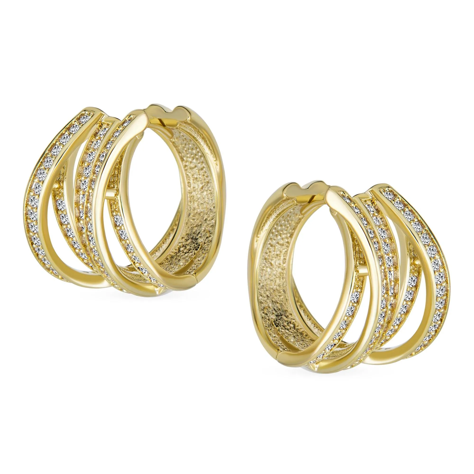 Bridal Pave CZ Rectangle Criss Cross Huggie Hoop Earrings Gold Silver Plated