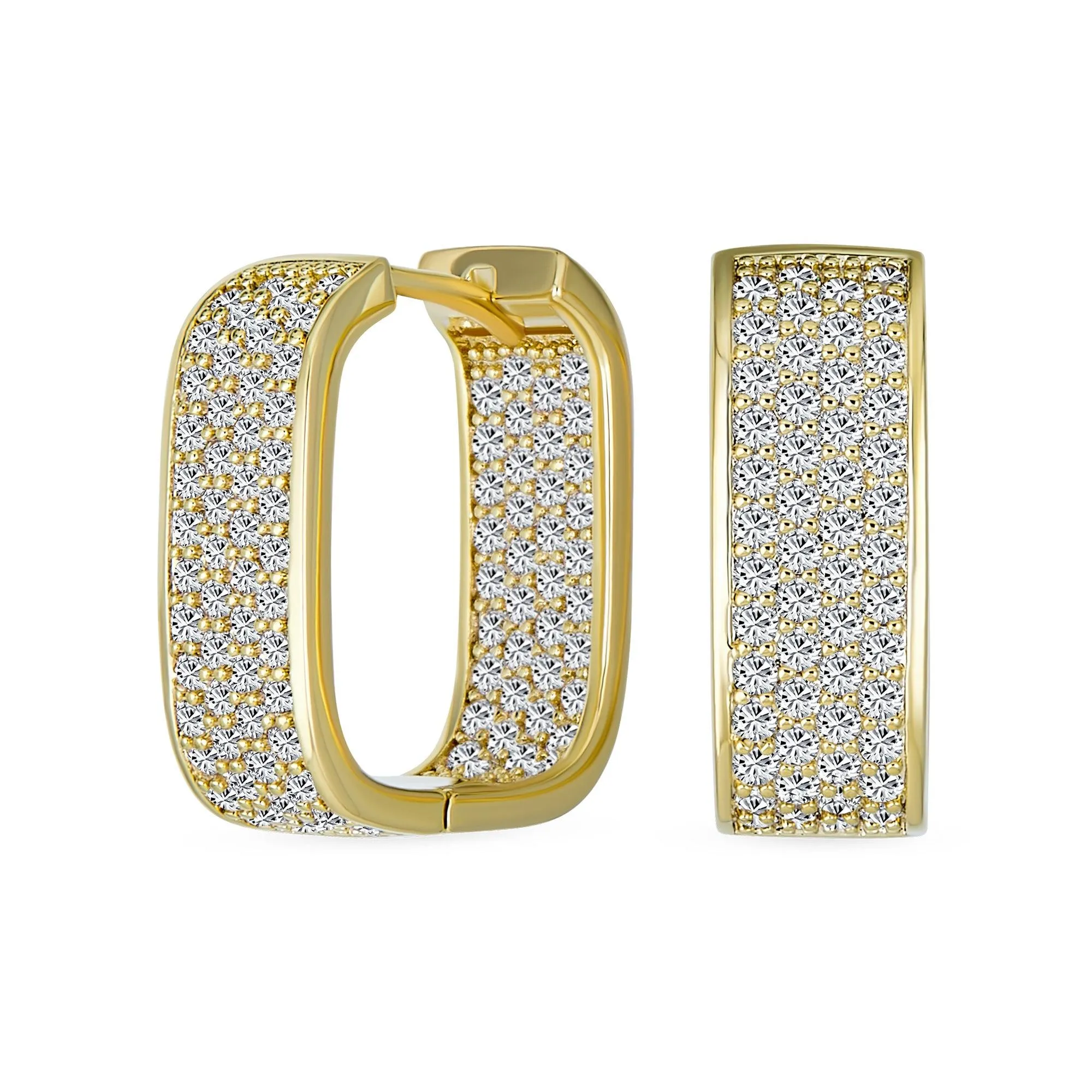 Bridal Pave CZ Rectangle Criss Cross Huggie Hoop Earrings Gold Silver Plated