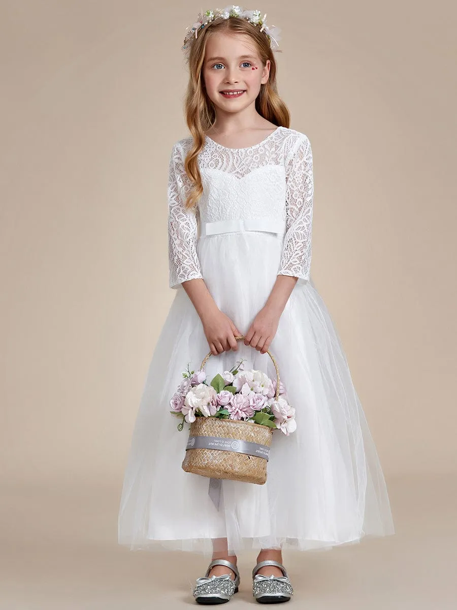 Charming Bow Lace Flower Girl Dress with Long Sleeves