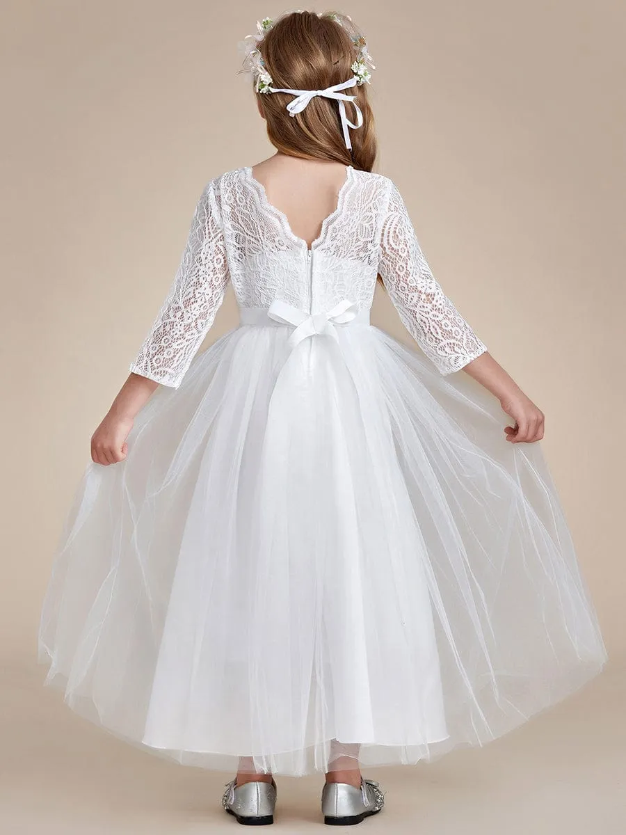 Charming Bow Lace Flower Girl Dress with Long Sleeves