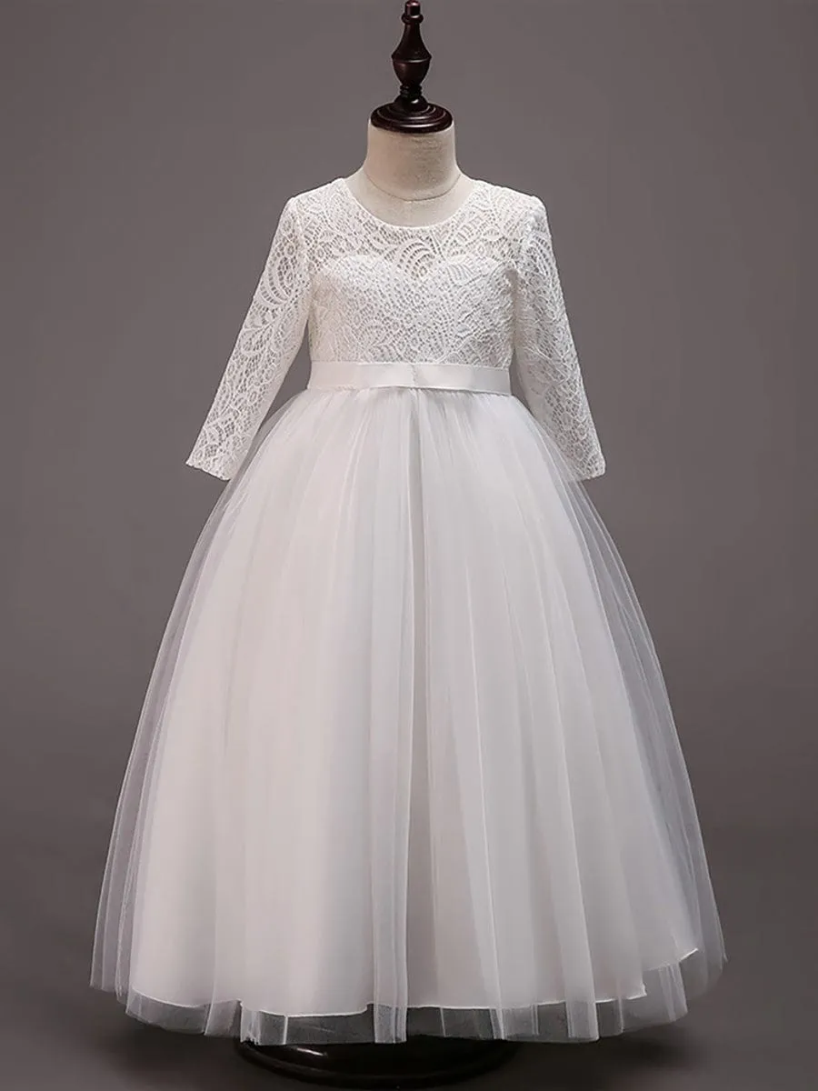 Charming Bow Lace Flower Girl Dress with Long Sleeves