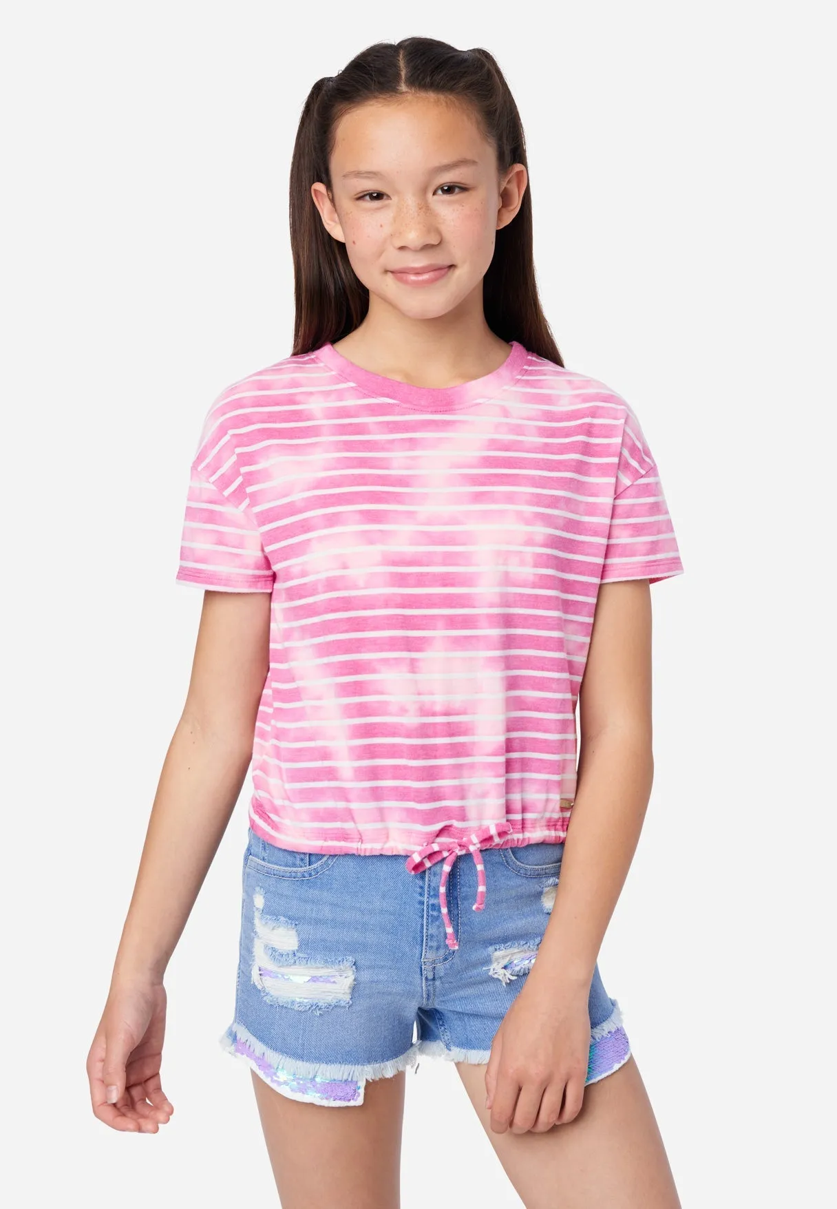 Cinch Bottom Dye Effect Stripe Tee