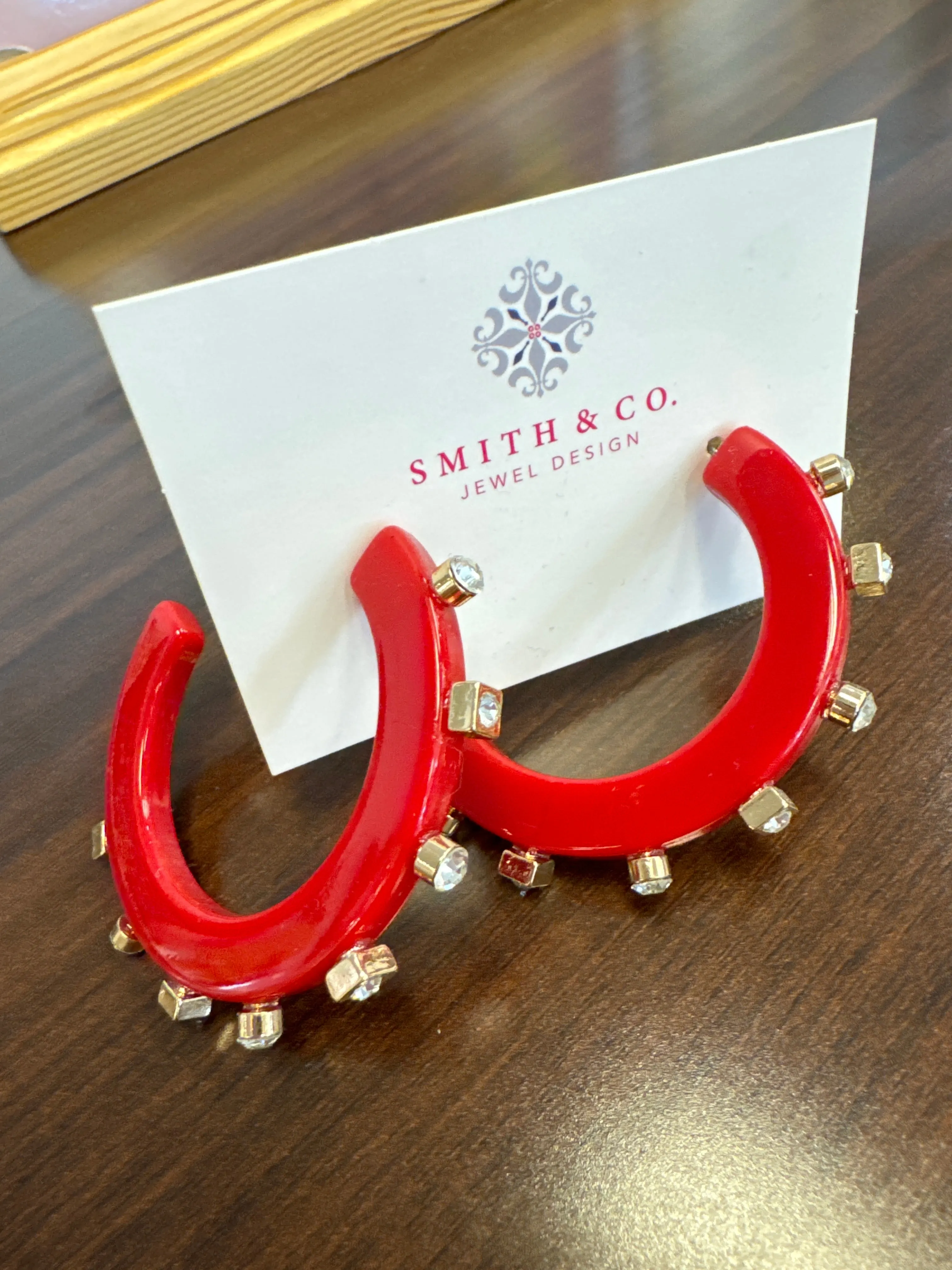 Stylish City Girl Red Jewel Hoop Earrings - Vibrant Fashion Accessory