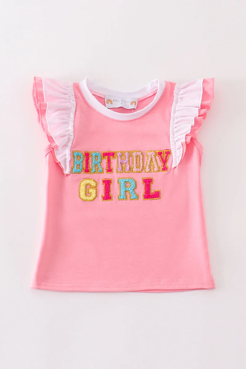 Coral birthday girl french knot ruffle top