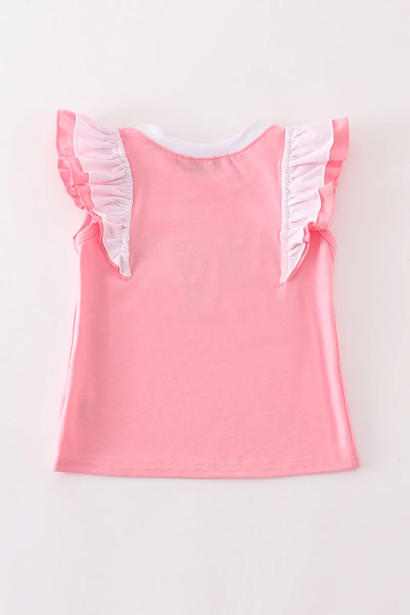 Coral birthday girl french knot ruffle top