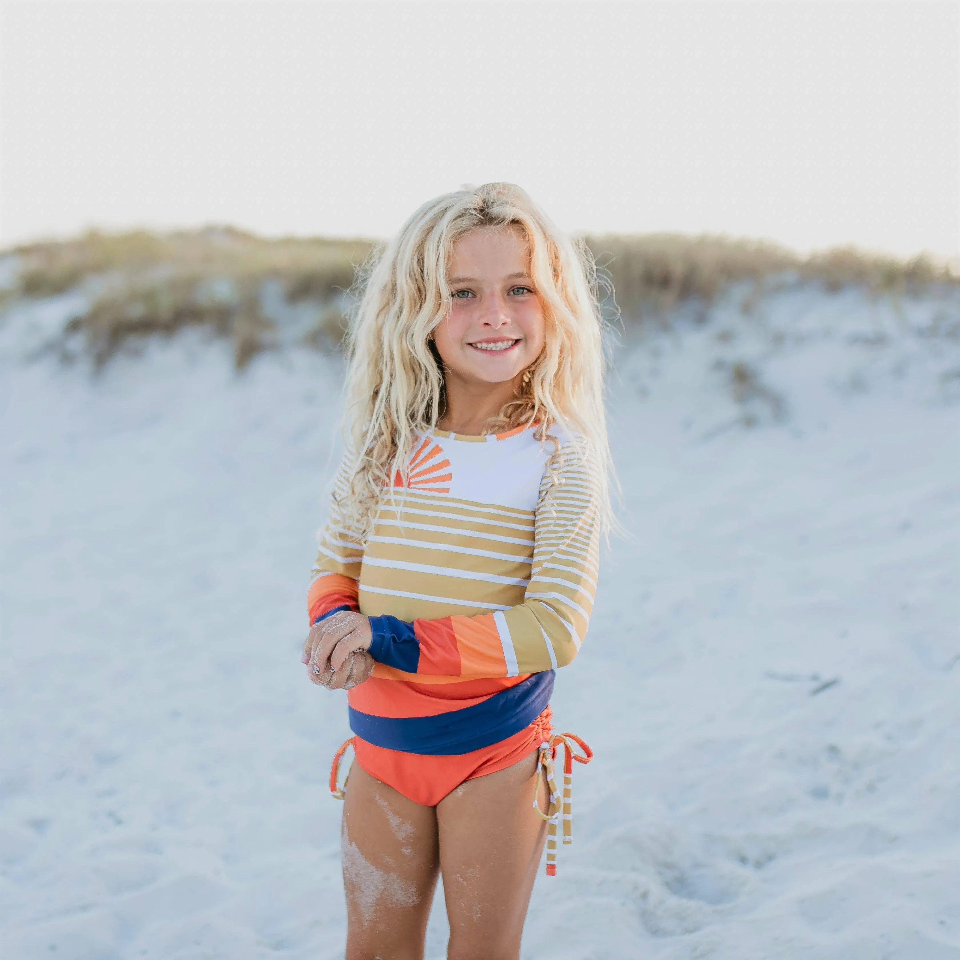 Stylish Coral and Navy Sunset-Themed Rash Guard Swimsuit