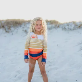 Stylish Coral and Navy Sunset-Themed Rash Guard Swimsuit