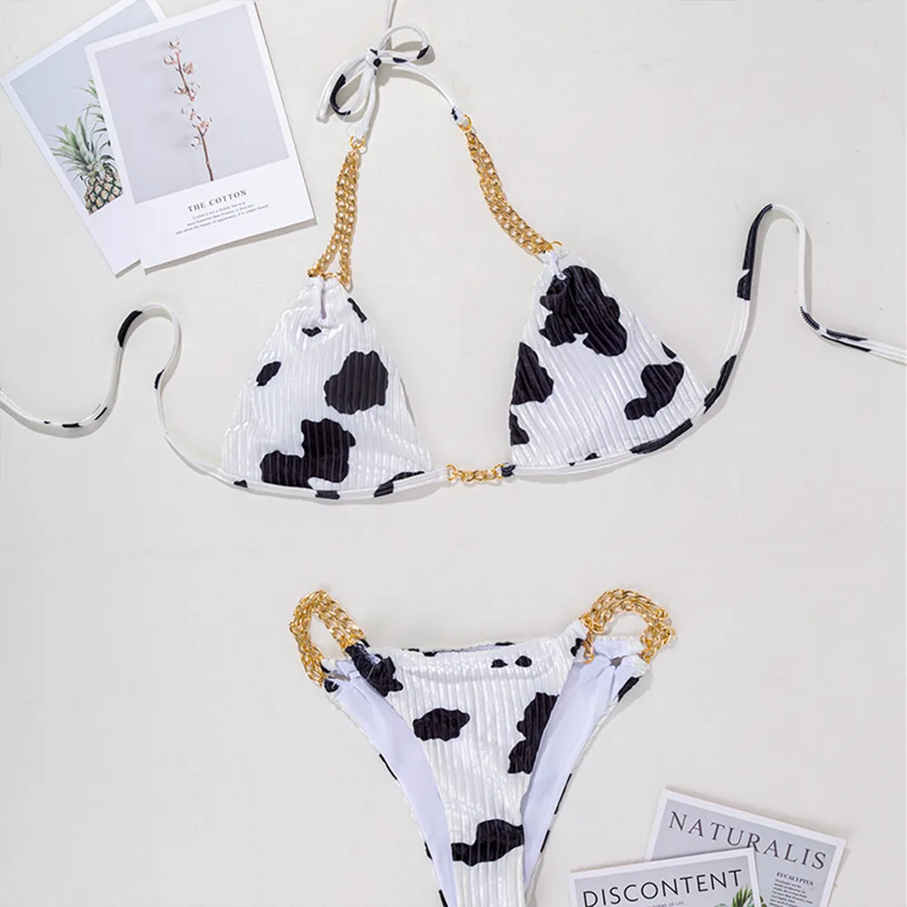 Cow Print Chain Halter Bikini