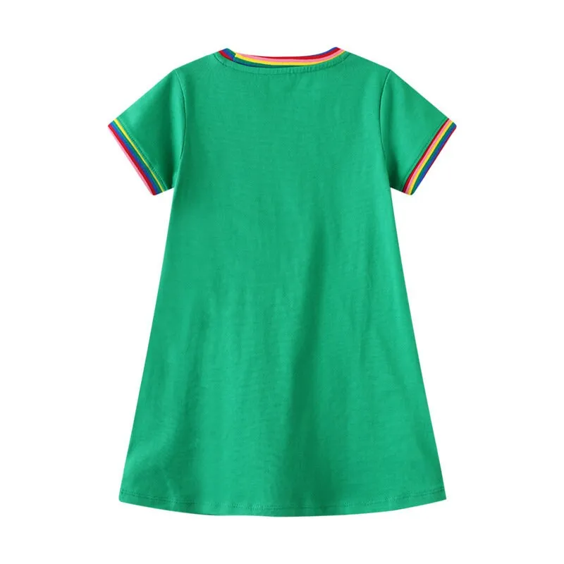 Adorable Green Summer Tutu Dress with Cute Cat Pattern for Girls - Short Sleeve