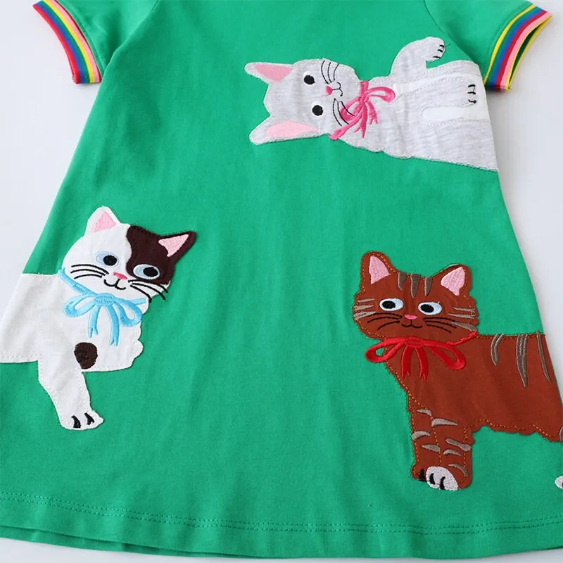 Adorable Green Summer Tutu Dress with Cute Cat Pattern for Girls - Short Sleeve