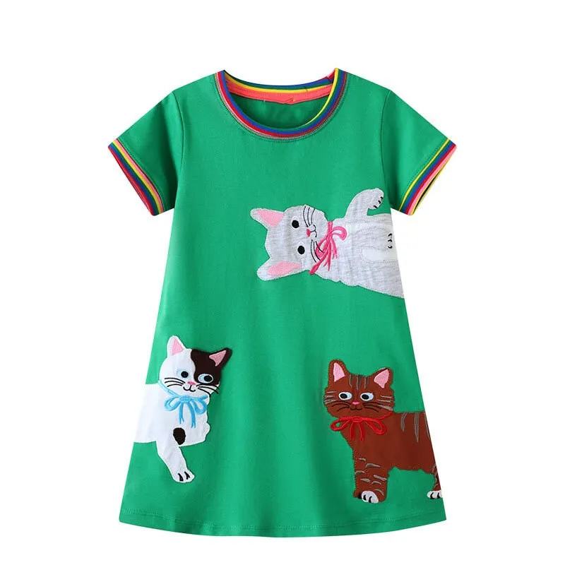 Adorable Green Summer Tutu Dress with Cute Cat Pattern for Girls - Short Sleeve