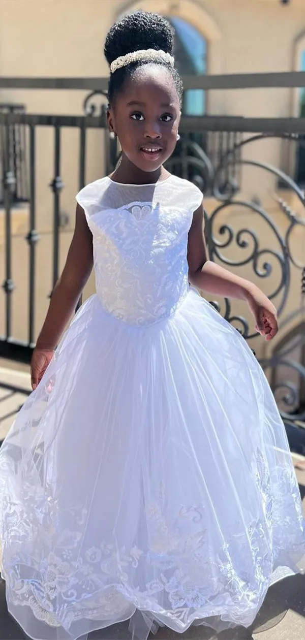 Cute Round The Neck Illusion Applique Ball Gown Little Long Flower Girl Dresses, Wedding Flower Girl Dresses, FGD028