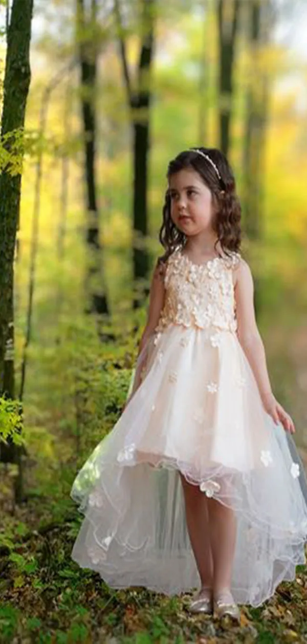 Cute Straps Round Neck Sleeveless Short Front Long Back Applique Little Long Flower Girl Dresses, Wedding Flower Girl Dresses, FGD039