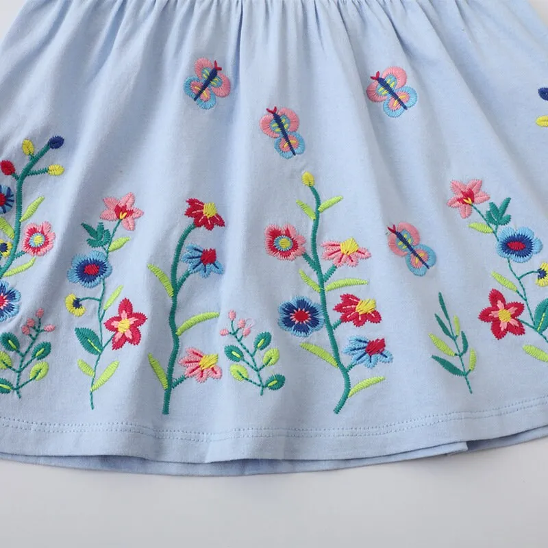 Flowers embroidered Short Sleeve Girls Summer Tutu Dress