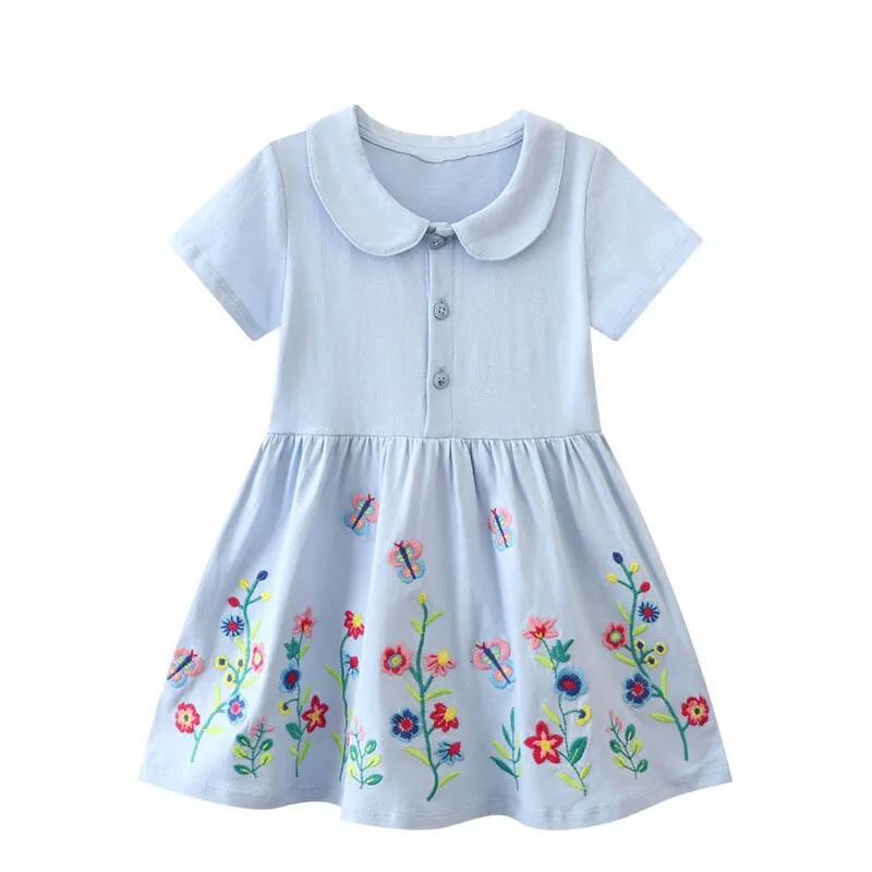 Flowers embroidered Short Sleeve Girls Summer Tutu Dress