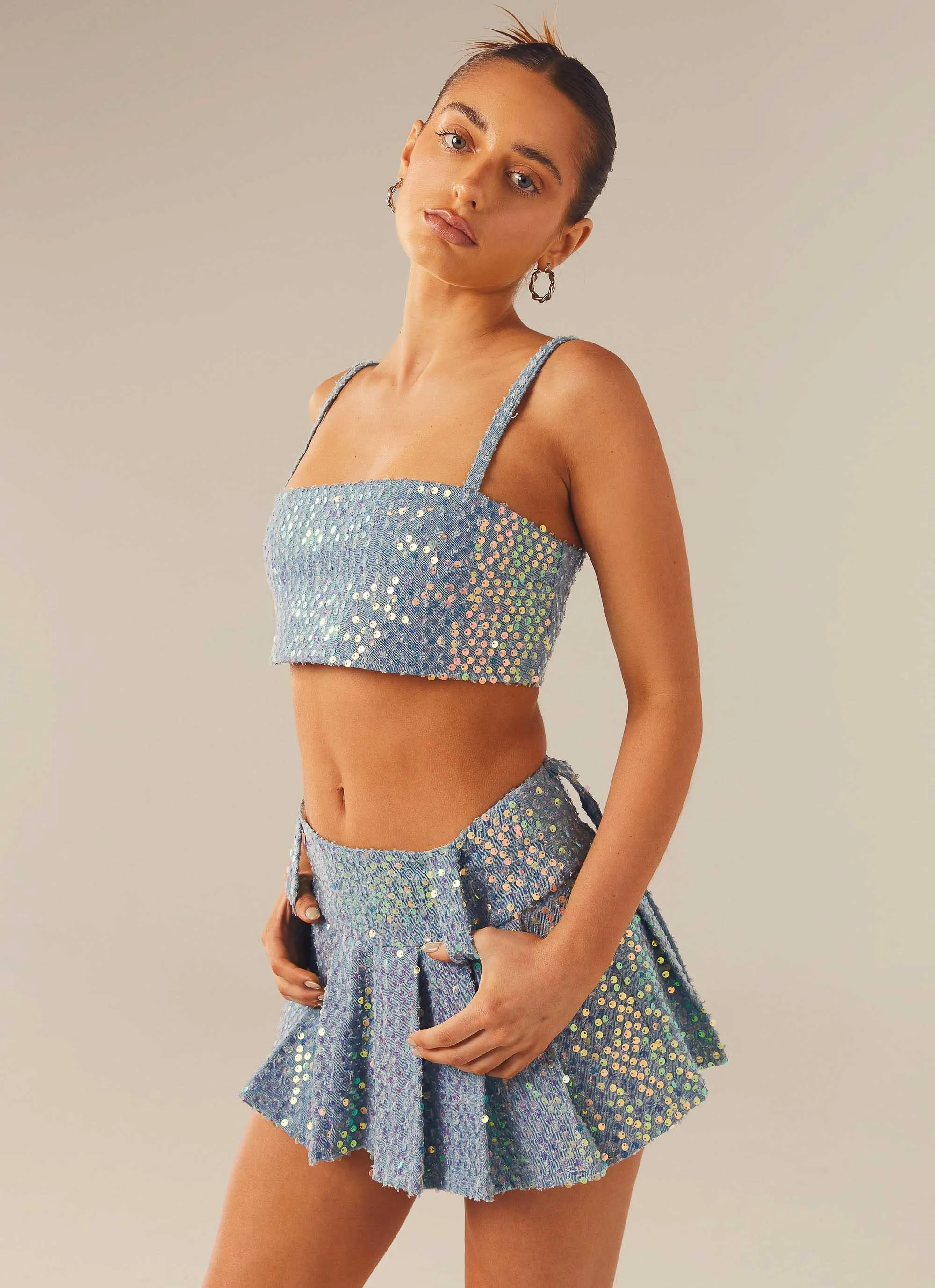 Fly Girl Crop Top - Sequin Denim