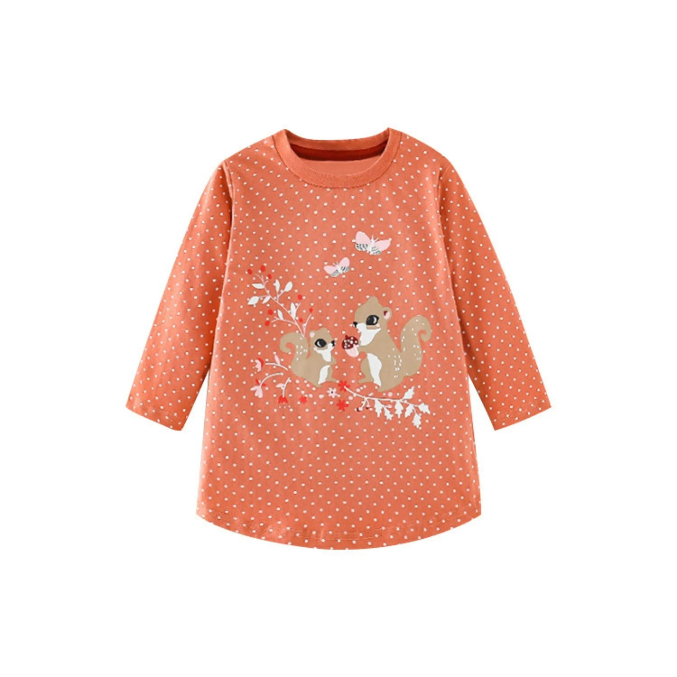 Full Sleeve Baby Squirrel Pattern Girls Dress, Orange