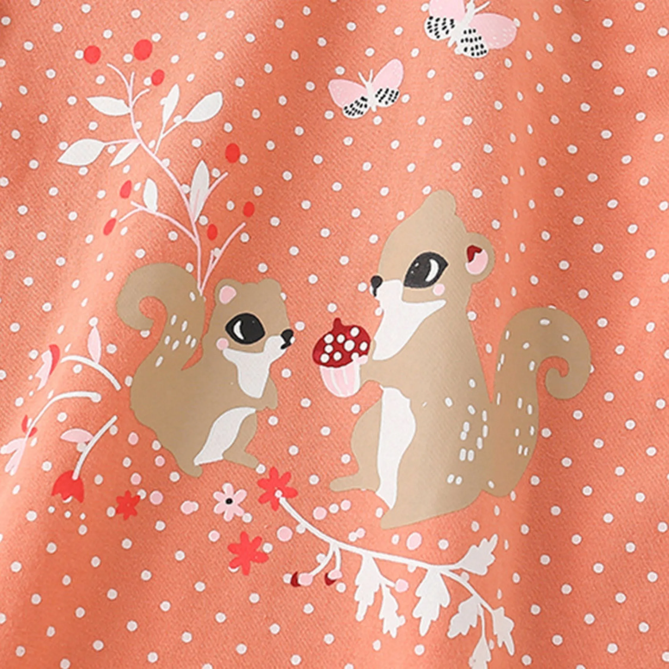 Full Sleeve Baby Squirrel Pattern Girls Dress, Orange