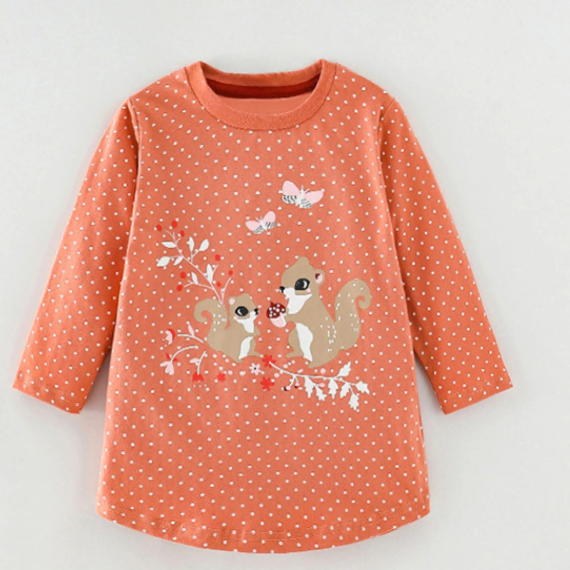 Full Sleeve Baby Squirrel Pattern Girls Dress, Orange