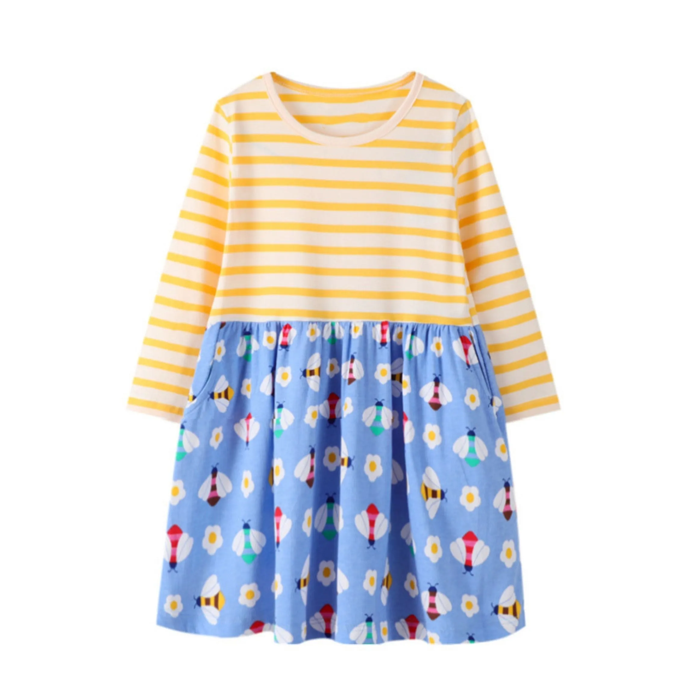 Full Sleeve Bees Pattern  Girls Dress, Yellow