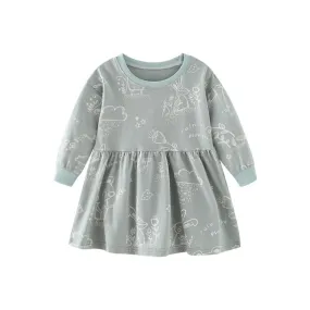 Full Sleeve Bunnies Print Theme Girls Dress, Grey