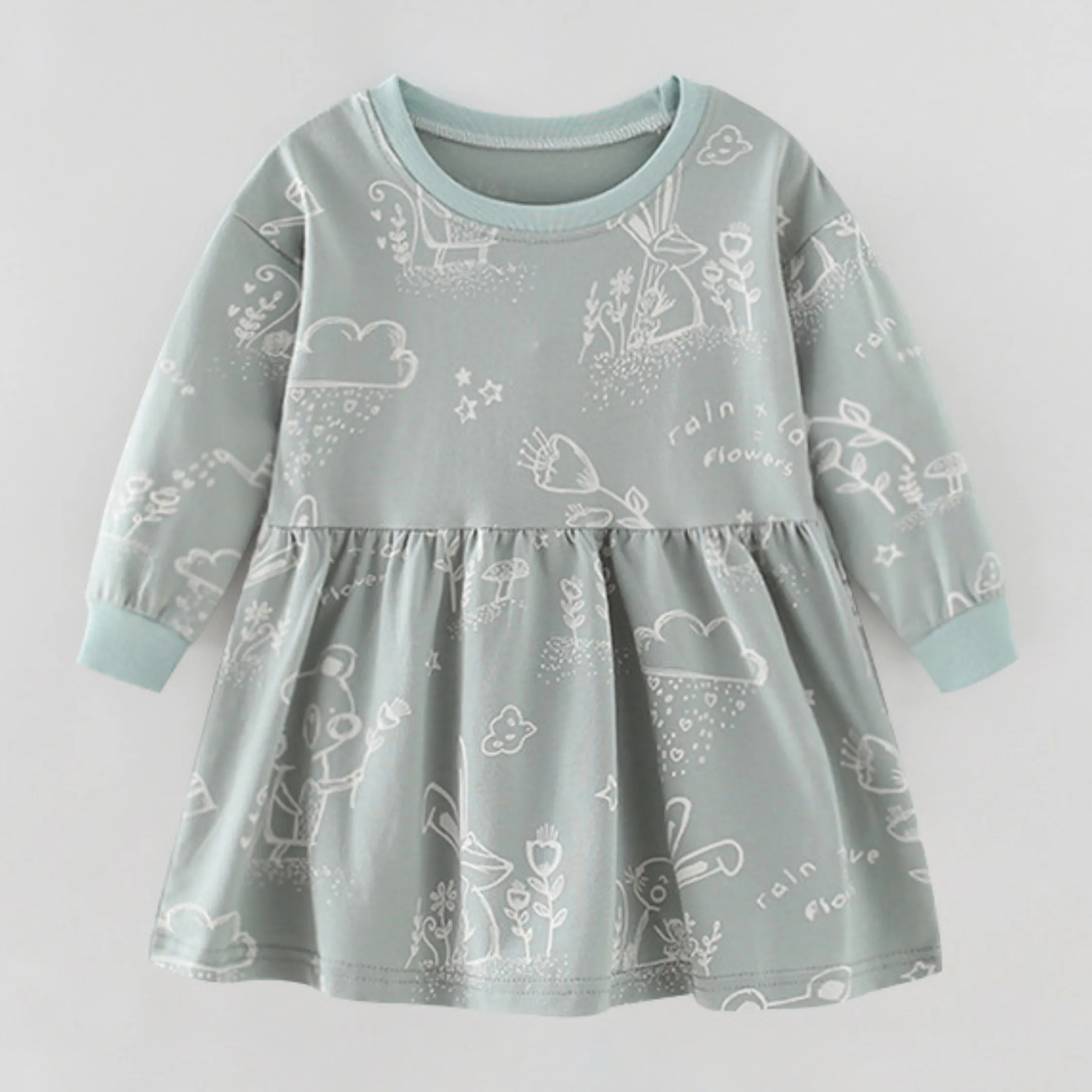 Full Sleeve Bunnies Print Theme Girls Dress, Grey