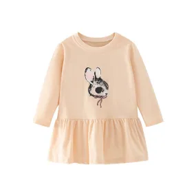 Full Sleeve Bunny Print Design Girls Dress, Pink