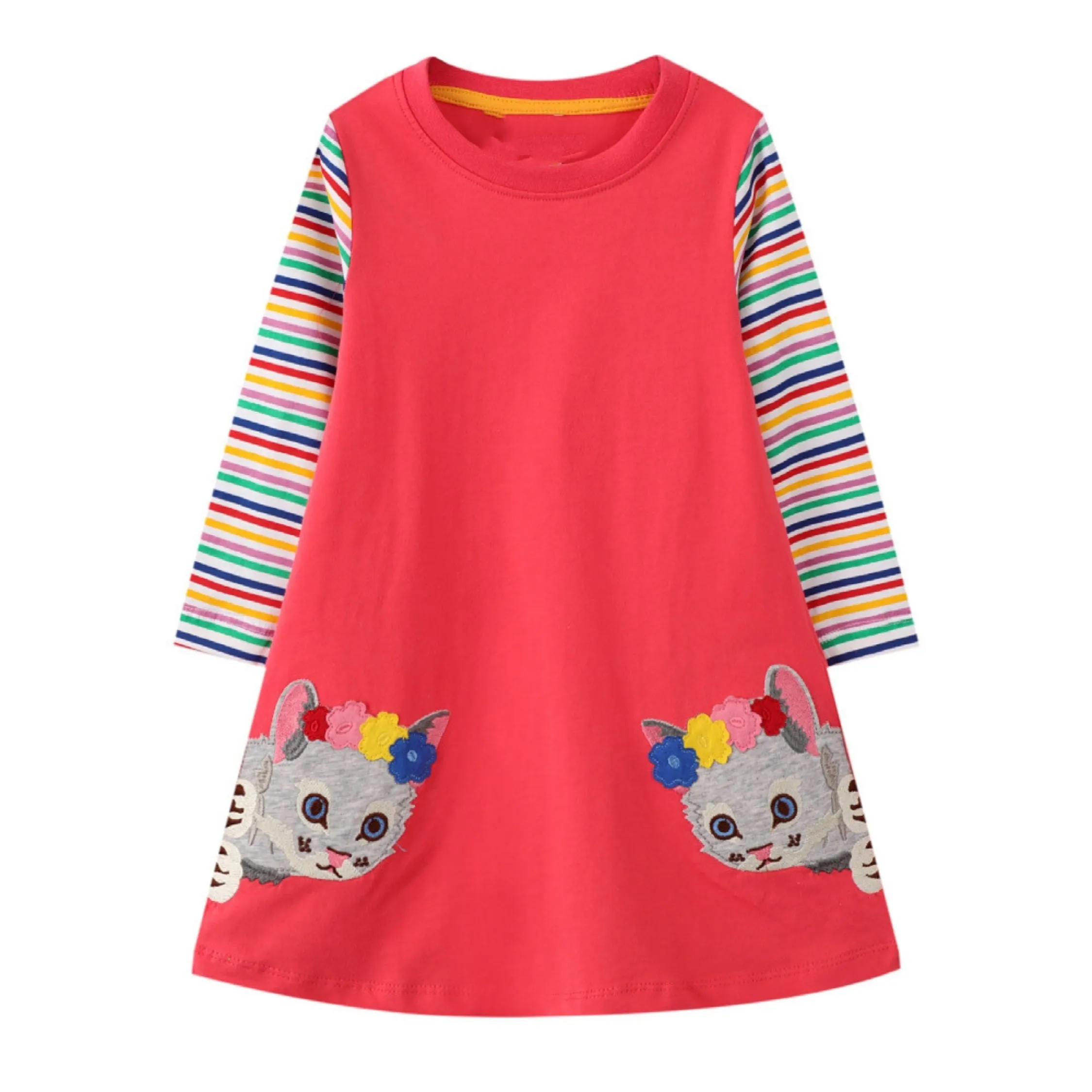 Full Sleeve Colourful Cat Theme Striped Girls Dress, Pink