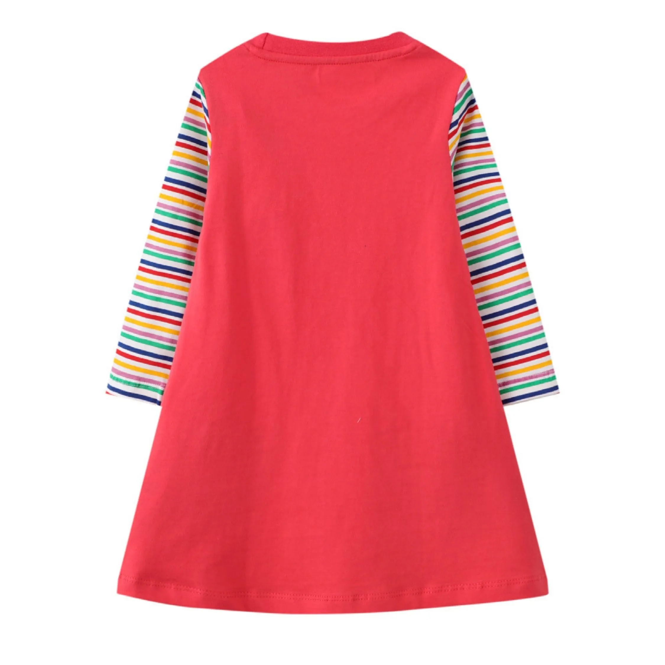 Full Sleeve Colourful Cat Theme Striped Girls Dress, Pink