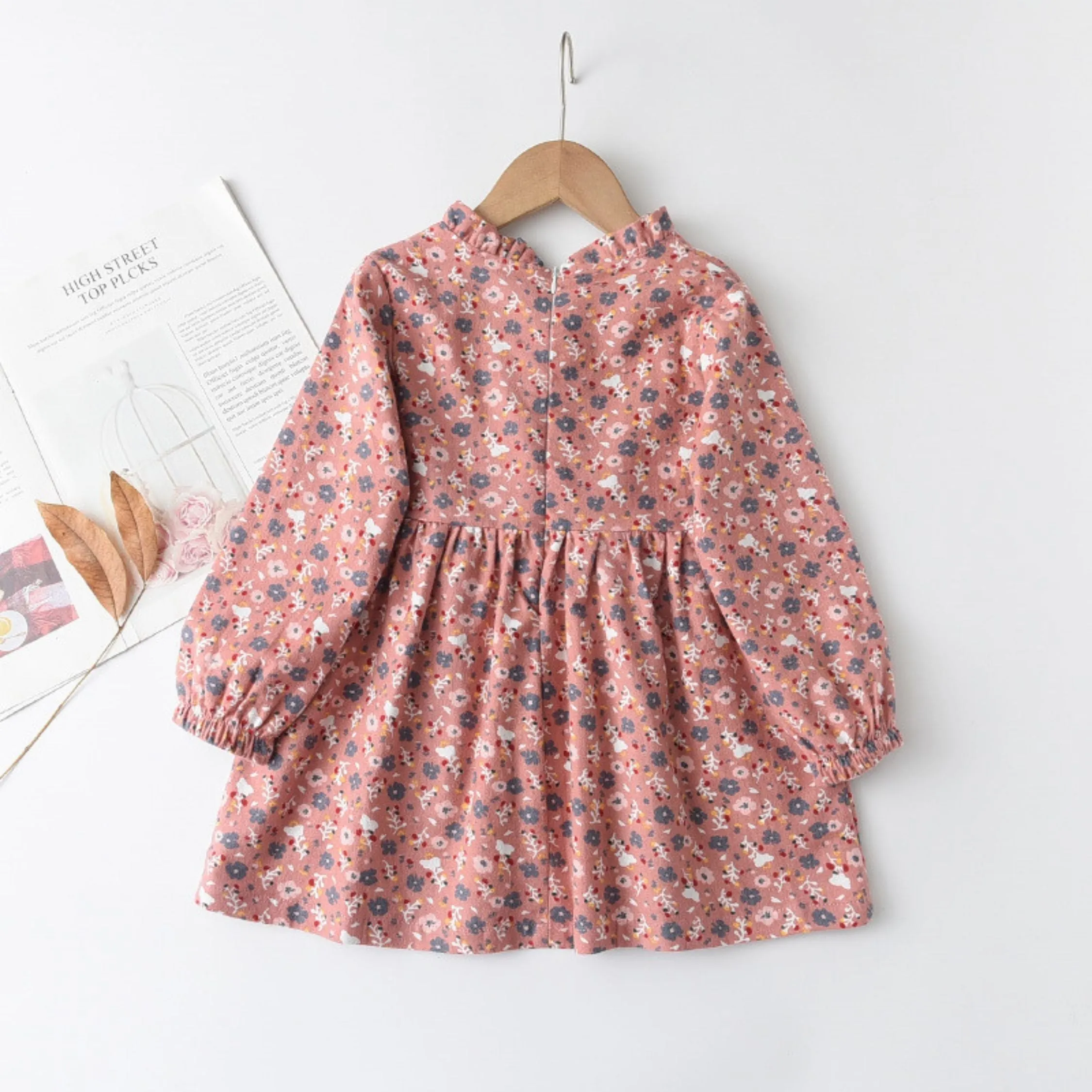 Full Sleeve Daisy Floral Front Bow Girls Dress, Multicolour