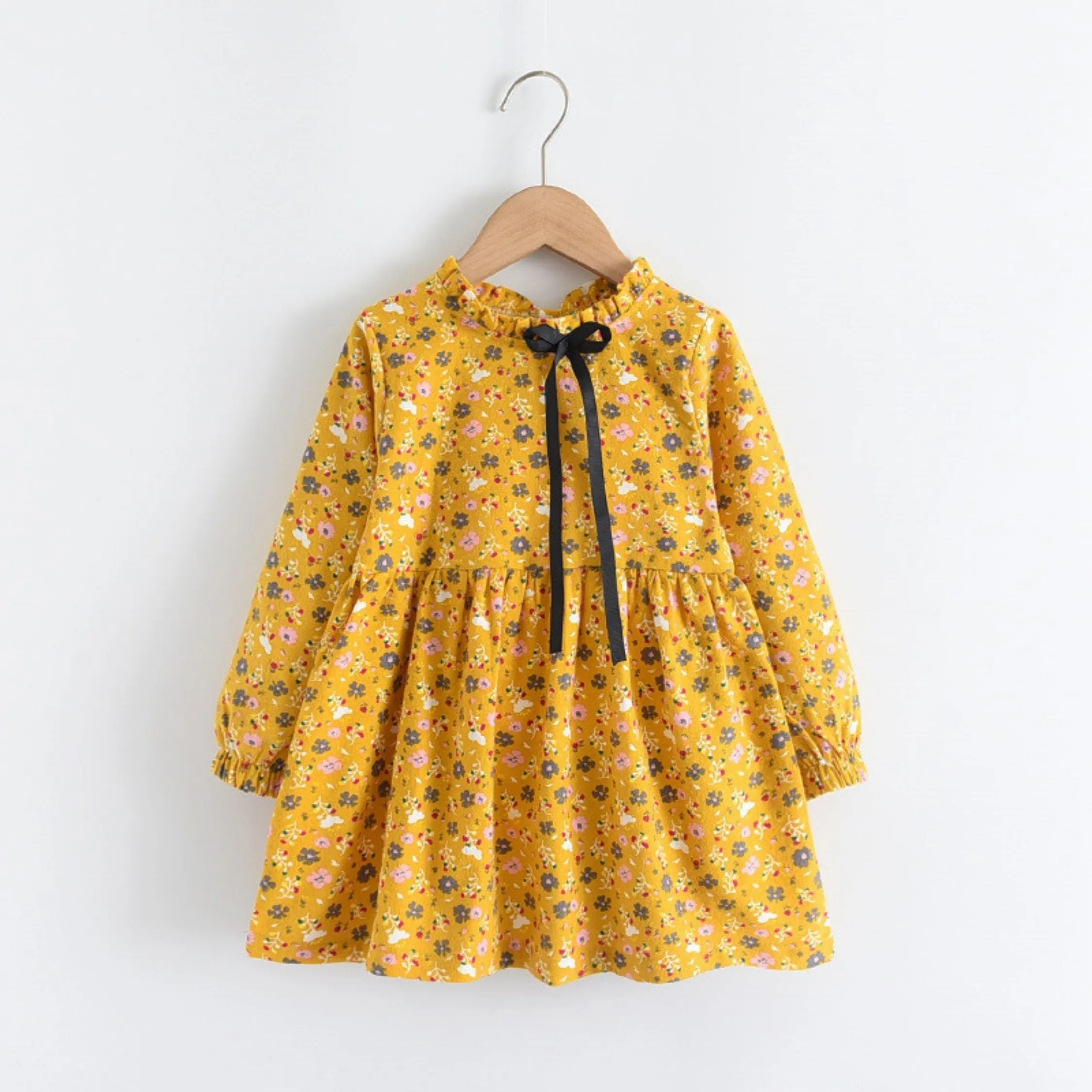 Full Sleeve Daisy Floral Front Bow Girls Dress, Multicolour