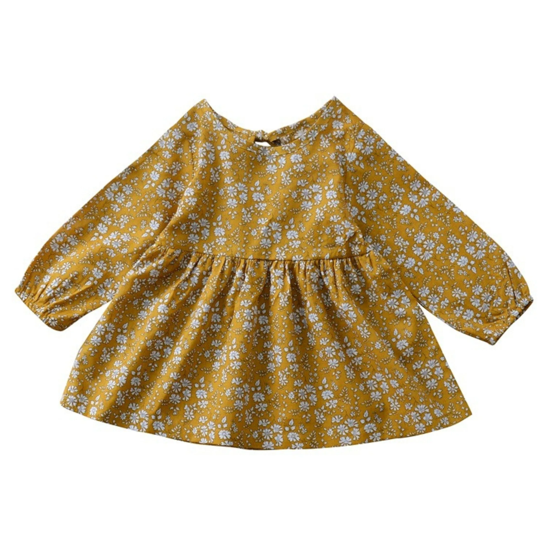 Full Sleeve Daisy Flower Theme Girls Dress, Mustard