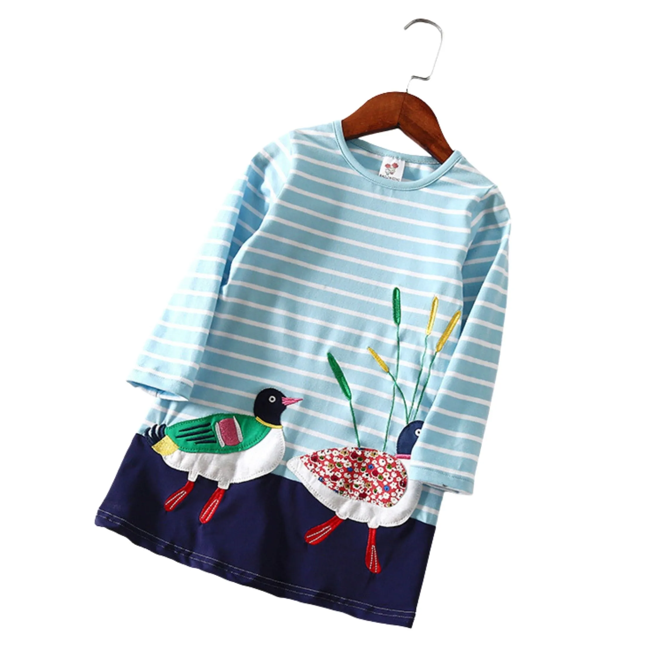 Full Sleeve Ducks Print Striped Girls Dress, Blue