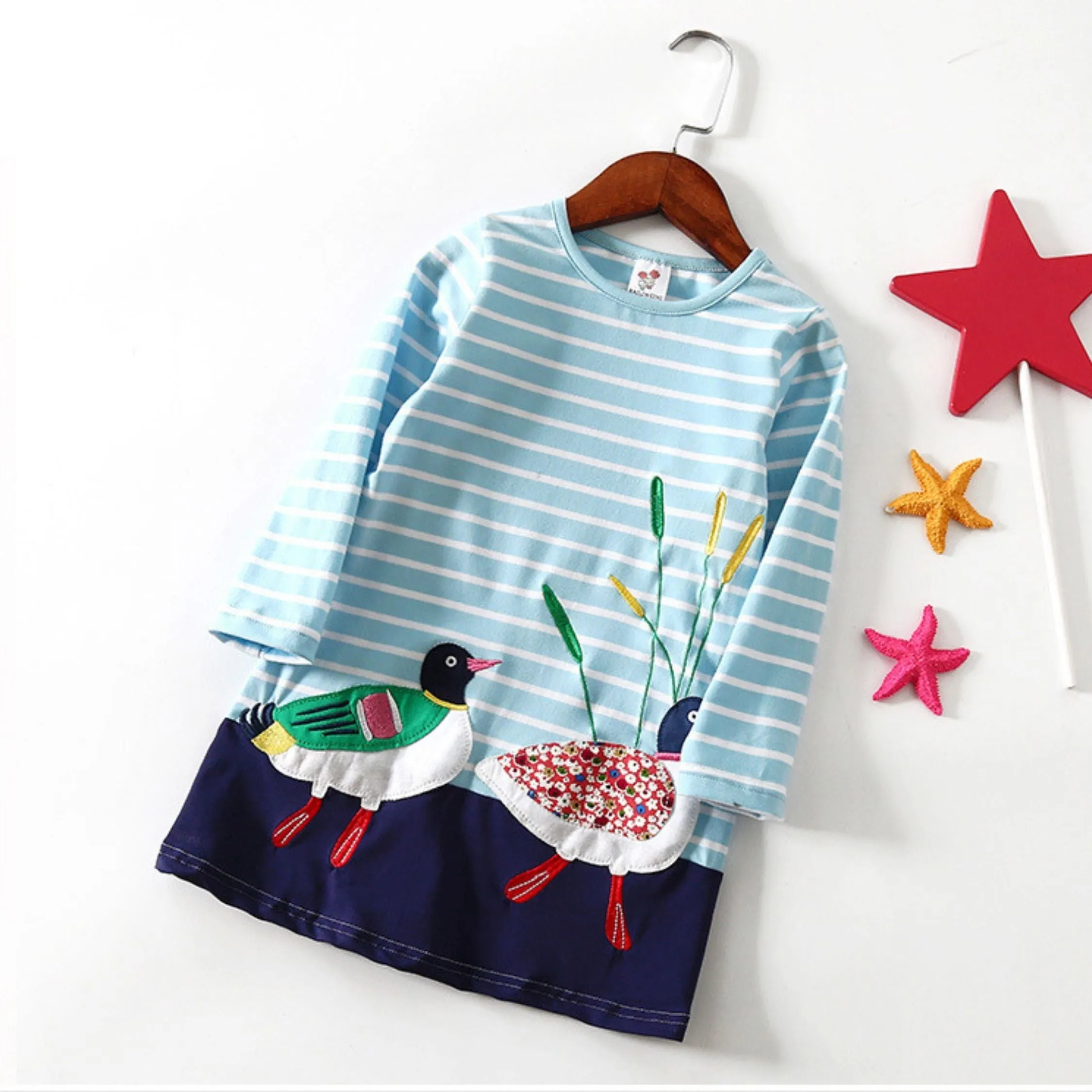 Full Sleeve Ducks Print Striped Girls Dress, Blue