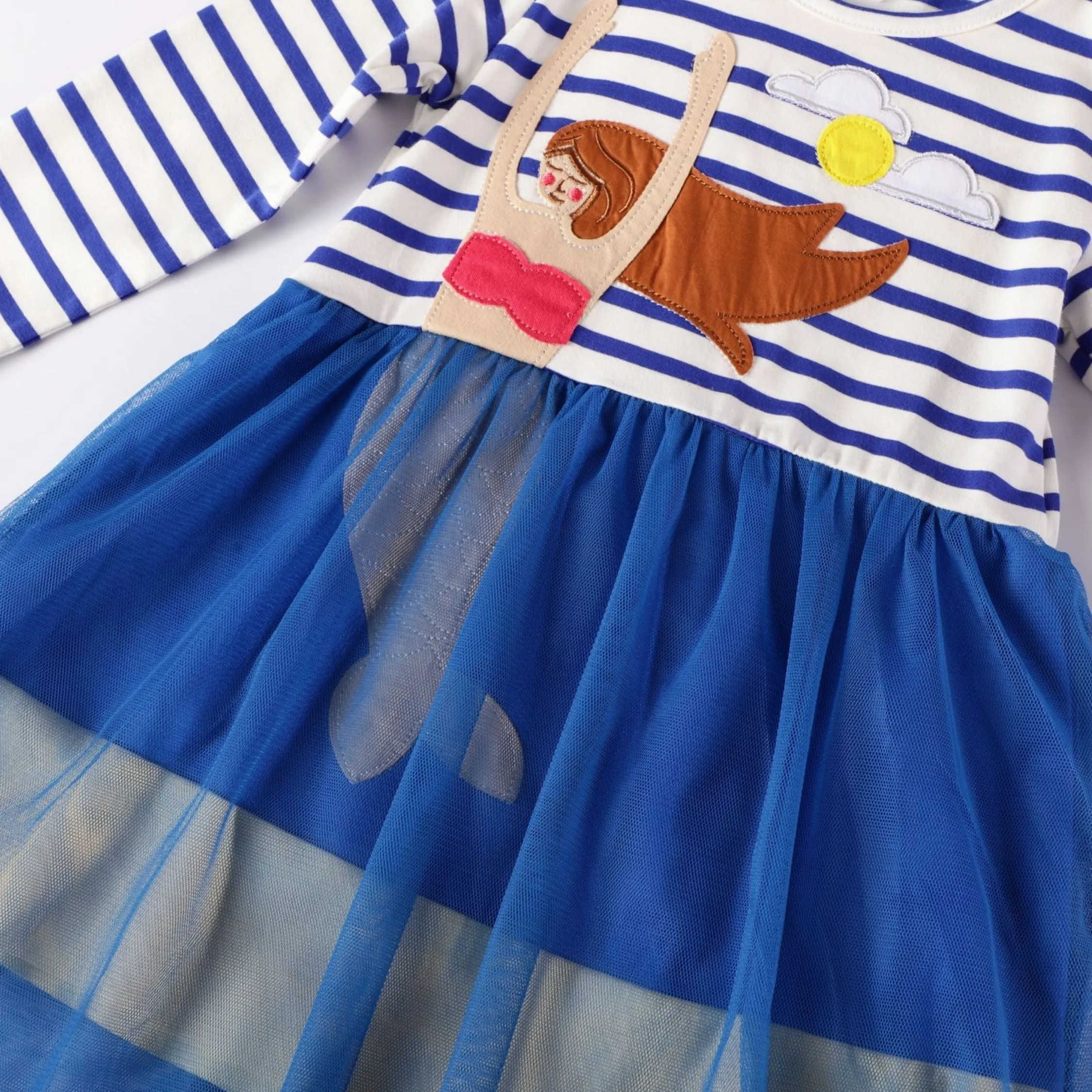 Full Sleeve Mermaid Theme Striped  Girls Dress, Blue