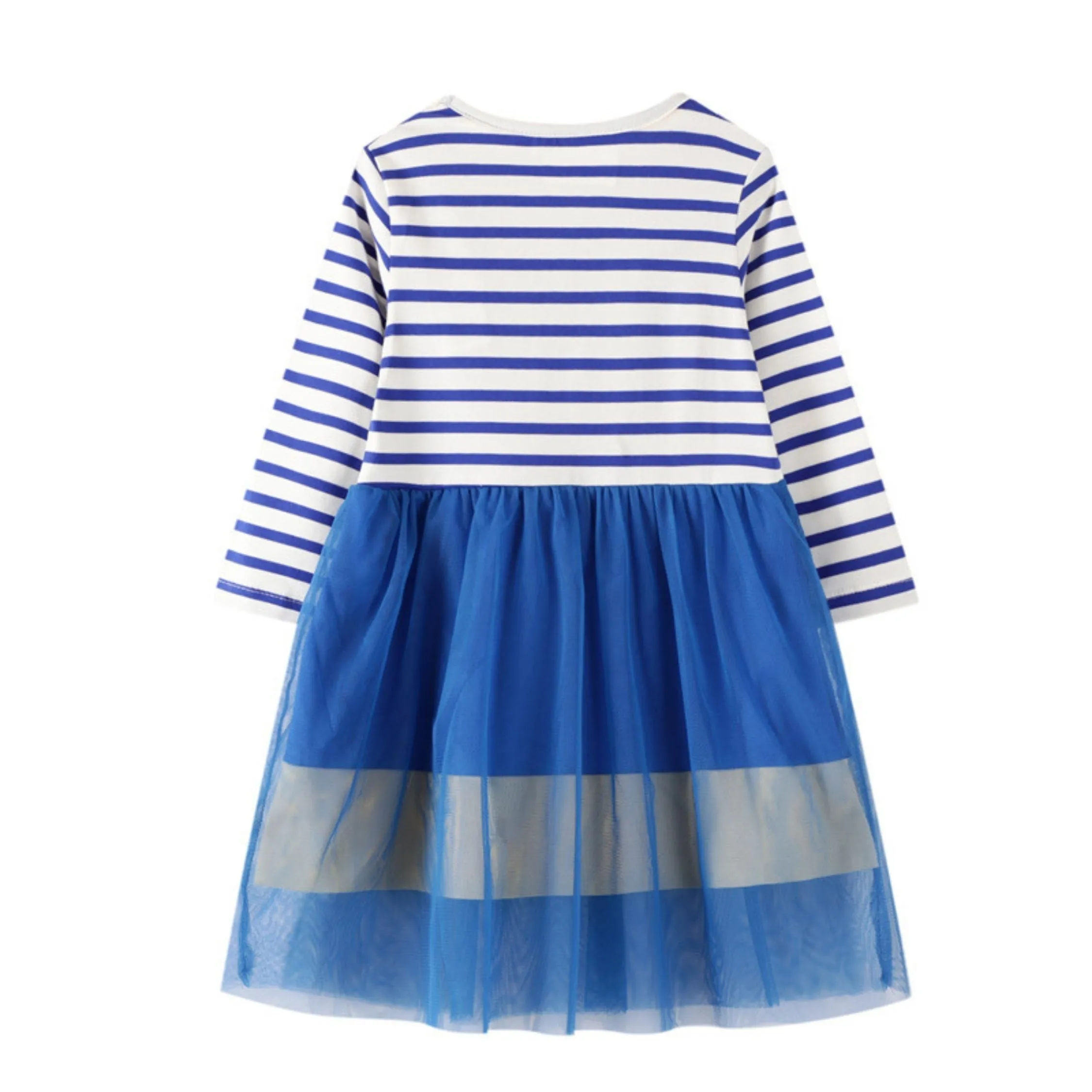 Full Sleeve Mermaid Theme Striped  Girls Dress, Blue