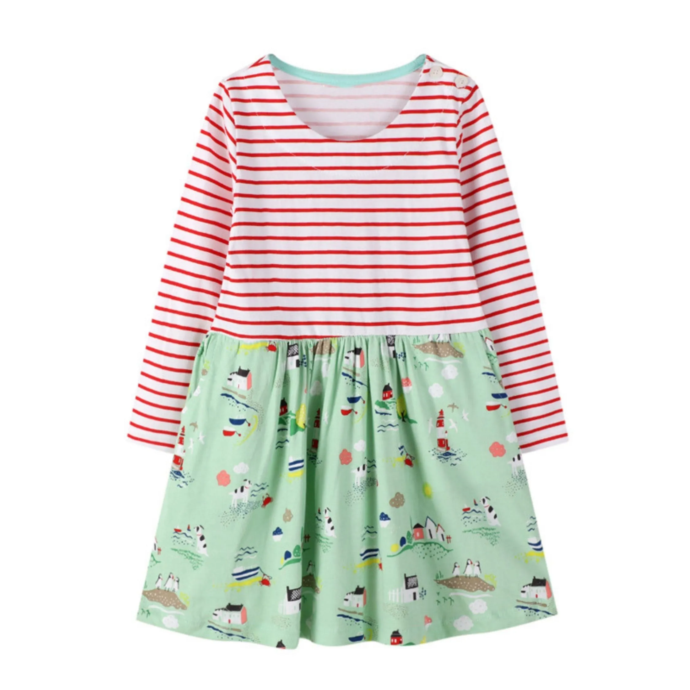 Full Sleeve Nature Theme Striped Girls Dress, Green