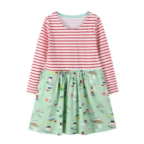 Full Sleeve Nature Theme Striped Girls Dress, Green