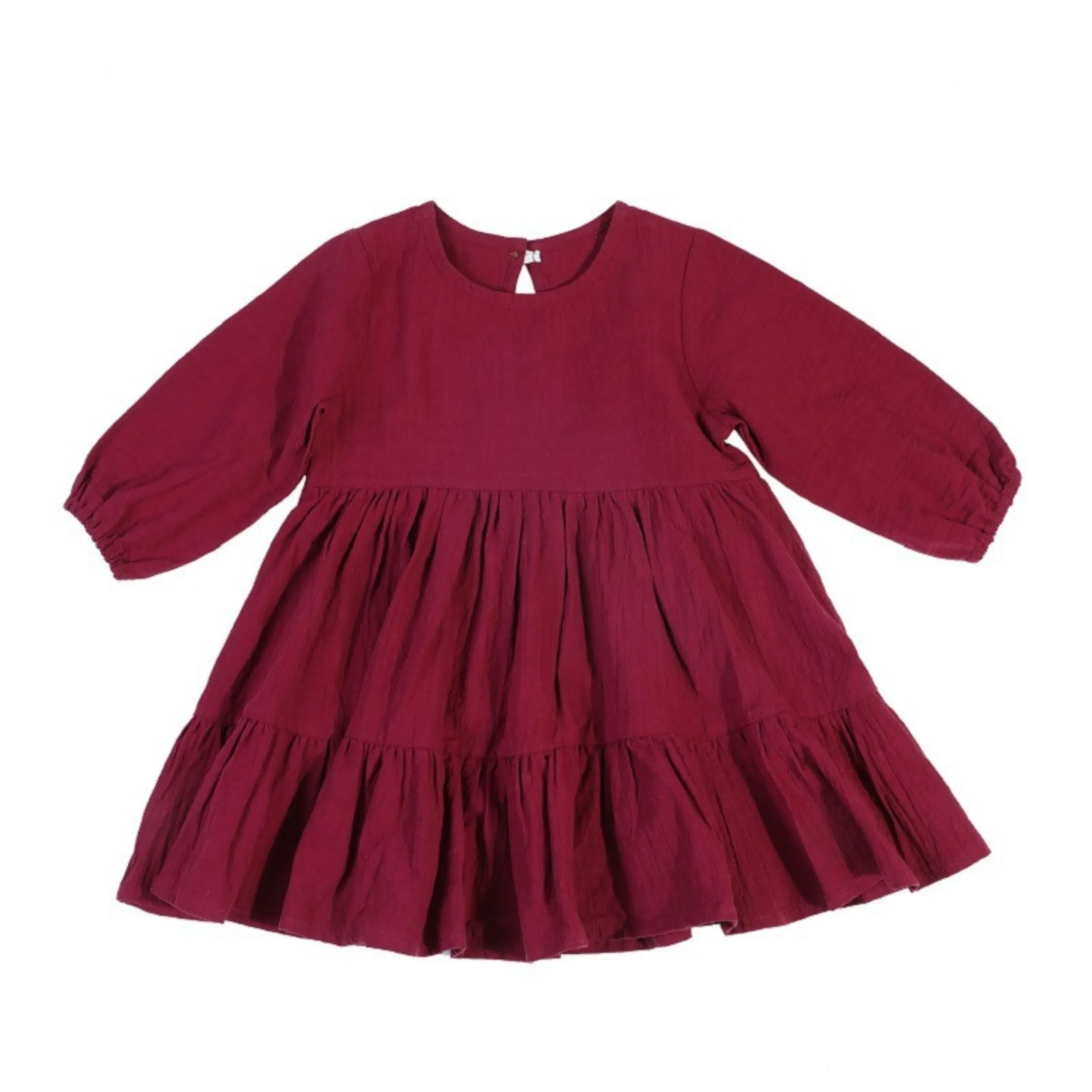 Full Sleeve Plain Ruffle Flutter Girls Dress, Red