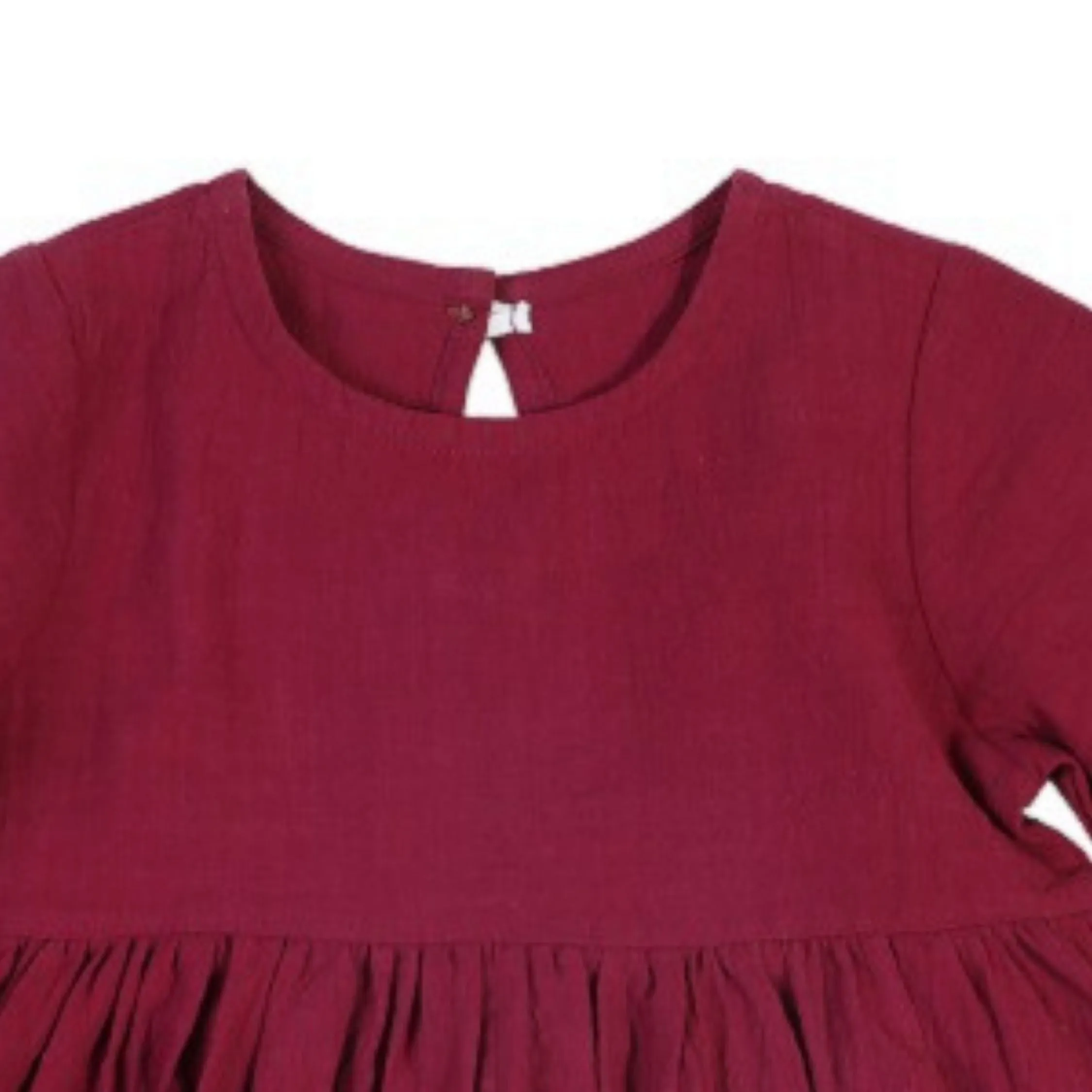 Full Sleeve Plain Ruffle Flutter Girls Dress, Red